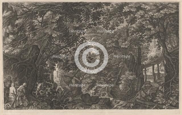 Hunters in a Forest near a Wooden Bridge, 1600/1615. Creators: Aegidius Sadeler II, Pieter Stevens.