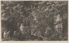 Hunters in a Forest near a Wooden Bridge, 1600/1615. Creators: Aegidius Sadeler II, Pieter Stevens