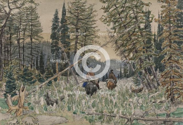 Hunters on horseback in a pine forest. Artist: Vasnetsov, Appolinari Mikhaylovich (1856-1933)