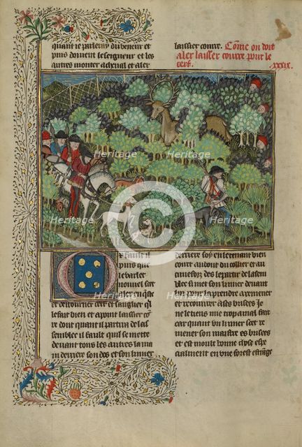 Hunters Pursuing a Deer; Livre de la Chasse, about 1430-1440. Creator: Unknown.