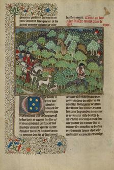 Hunters Pursuing a Deer; Livre de la Chasse, about 1430-1440. Creator: Unknown