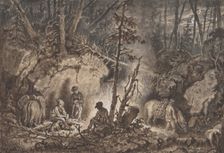 Hunters resting in a forest at night, 1830-60. Creator: Kilian Christoffer Zoll