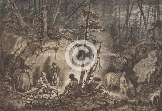 Hunters resting in a forest at night, 1830-60. Creator: Kilian Christoffer Zoll.