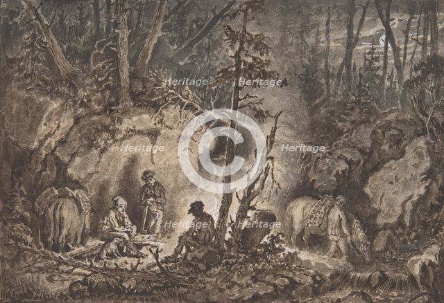 Hunters resting in a forest at night, 1830-60. Creator: Kilian Christoffer Zoll.