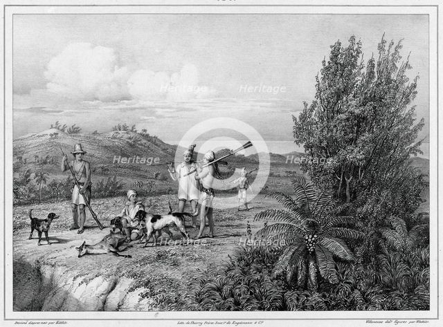 Hunting the Stag of the Mariana Islands, Guam Island, 19th century. Creators: Friedrich Heinrich Kittlitz, Godefroy Engelmann, Louis Jules Federe Villeneuve, Emile-Charles Wattier.