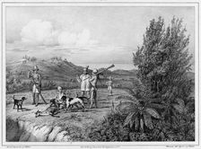 Hunting the Stag of the Mariana Islands, Guam Island, 19th century. Creators: Friedrich Heinrich Kittlitz, Godefroy Engelmann, Louis Jules Federe Villeneuve, Emile-Charles Wattier