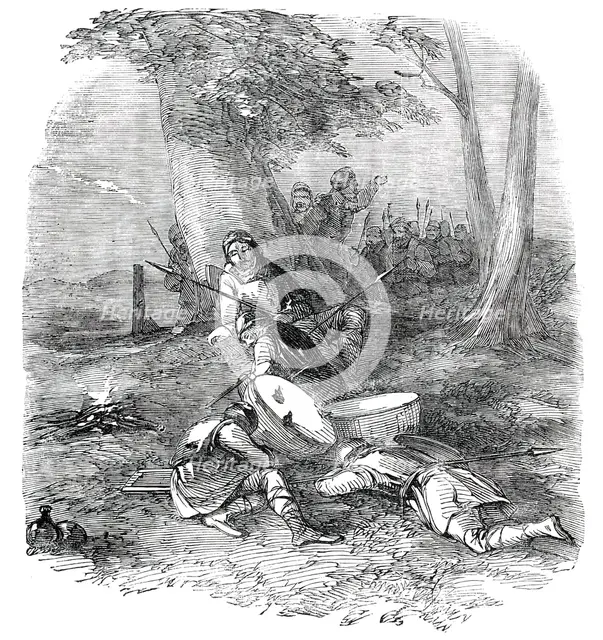 Hunting the Wren at Christmas - Origin of Hunting the Wren - the Bird Awakening the Danes, 1850. Creator: Unknown.
