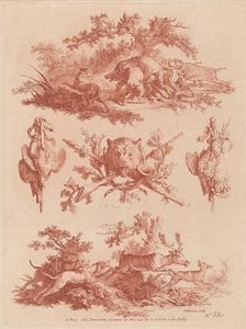 Hunting Trophies and Vignettes with Dogs Chasing a Boar and a Stag, 1773. Creators: Gilles Demarteau, Jean Baptiste Marie Huet