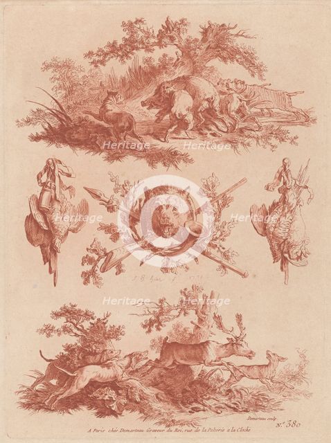 Hunting Trophies and Vignettes with Dogs Chasing a Boar and a Stag, 1773. Creators: Gilles Demarteau, Jean Baptiste Marie Huet.