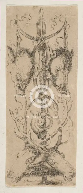 Hunting Trophy with Stag Heads at Bottom, ca. 1653. Creator: Stefano della Bella.