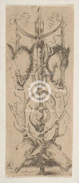 Hunting Trophy with Stag Heads at Bottom, ca. 1653. Creator: Stefano della Bella.