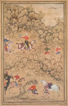 Hunting with Falcons in a Landscape, c. 1558-1560; borders added probably 1700s. Creator: Abd al-Samad (Persian, c. 1510-1600), attributed to