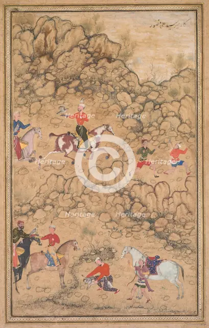 Hunting with Falcons in a Landscape, c. 1558-1560; borders added probably 1700s. Creator: Abd al-Samad (Persian, c. 1510-1600), attributed to.