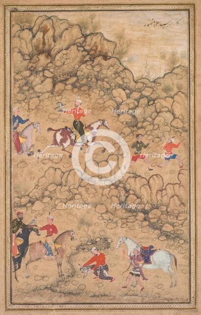 Hunting with Falcons in a Landscape, c. 1558-1560; borders added probably 1700s. Creator: Abd al-Samad (Persian, c. 1510-1600), attributed to.