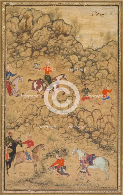 Hunting with falcons in a landscape; Verso: Calligraphy of Chaghatai Turkish poems..., c. 1558-60. Creator: Abd al-Samad (Persian, c. 1510-1600), attributed to.