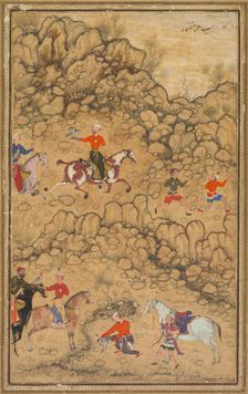 Hunting with falcons in a landscape; Verso: Calligraphy of Chaghatai Turkish poems..., c. 1558-60. Creator: Abd al-Samad (Persian, c. 1510-1600), attributed to
