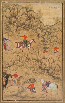 Hunting with falcons in a landscape; Verso: Calligraphy of Chaghatai Turkish poems..., c. 1558-60. Creator: Abd al-Samad (Persian, c. 1510-1600), attributed to