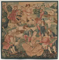 Hunting and Pastoral Scenes, with a wreathed hero between ladies, c. 1510. Creator: Unknown