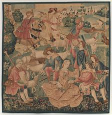 Hunting and Pastoral Scenes, with a wreathed hero between ladies, c. 1510. Creator: Unknown
