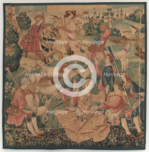 Hunting and Pastoral Scenes, with a wreathed hero between ladies, c. 1510. Creator: Unknown.