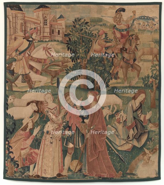 Hunting and Pastoral Scenes, with a laughing man between ladies, c. 1510. Creator: Unknown.