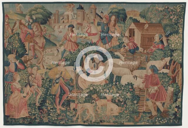 Hunting and Pastoral Scenes, with a shepherdess shearing, c. 1510. Creator: Unknown.