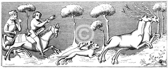 Hunting deer with dogs, 14th century (1849). Artist: Unknown
