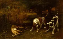 Hunting Dogs with Dead Hare, 1857. Creator: Gustave Courbet