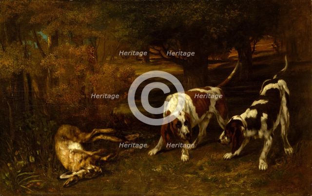 Hunting Dogs with Dead Hare, 1857. Creator: Gustave Courbet.