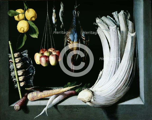  'Hunting, fruit and vegetables' ', 1602, by Juan Sanchez Cotan.