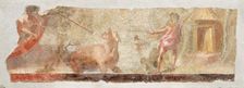 Hunting Hippos in a river landscape with two hunters, two water birds and a dwelling on..., 1st cent Creator: Roman-Pompeian wall painting ()