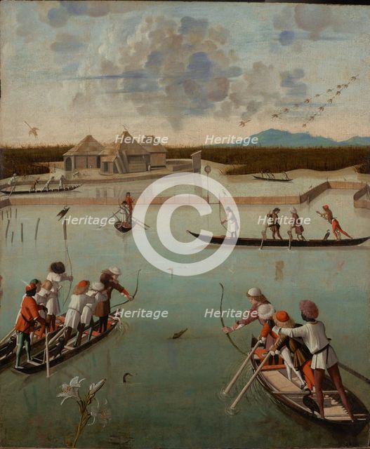 Hunting on the Lagoon (recto); Letter Rack (verso), about 1490-1495. Creator: Vittore Carpaccio.