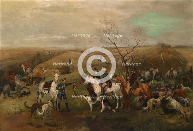 Hunting party with the Emperor Alexander III and Empress Maria Feodorovna, 1880s. Artist: Samokish, Nikolai Semyonovich (1860-1944)