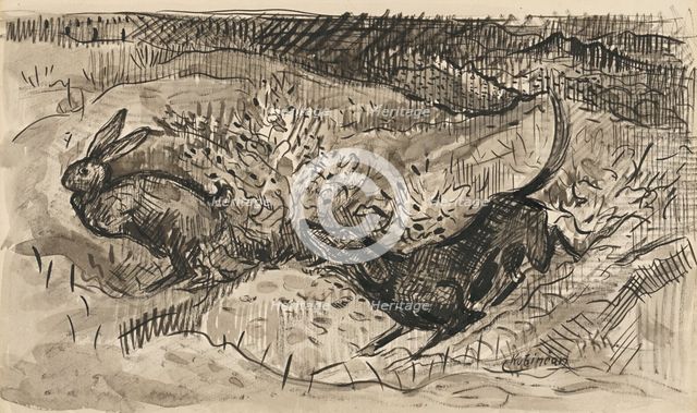Hunting scene (Hare and dog), 1930-1939. Creator: Arnold Peter Weisz-Kubincan.