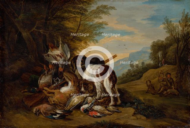 Hunting Still Life in a Landscape, 1700-1715. Creator: Adriaen de Grijef.