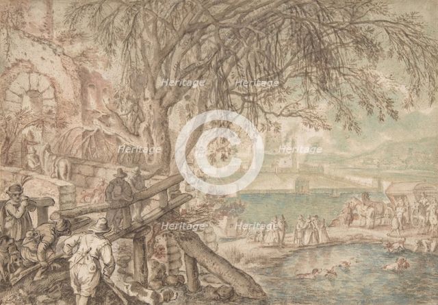 Huntsmen and Company Observing Dogs Retrieving Ducks in a Pond (The Month of April), c1610-20. Creator: Pieter Stevens.