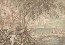 Huntsmen and Company Observing Dogs Retrieving Ducks in a Pond (The Month of April), c1610-20. Creator: Pieter Stevens