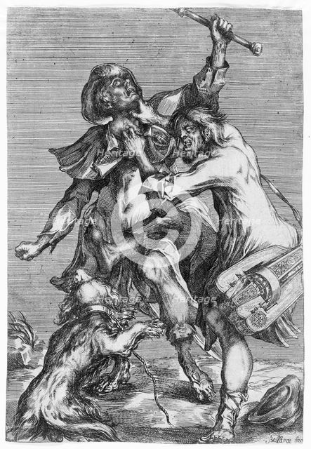 Hurdy-Gurdy Player Attacking a Pilgrim, c1614. Creator: Jacques Bellange.