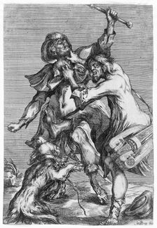 Hurdy-Gurdy Player Attacking a Pilgrim, c1614. Creator: Jacques Bellange