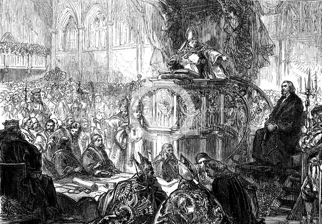 Hus, John (1371-1415), Czech religious reformer and writer, Bishop of Lodi preaching during the t…