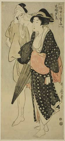 Husband and Wife Caught in an Evening Shower (Fufu no Yudachi), from the series "Three..., c. 1800. Creator: Kitagawa Utamaro