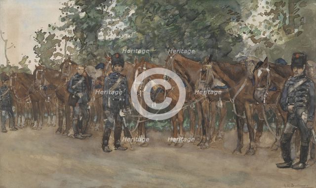 Hussars standing next to their horses by the side of the road, c.1867-c.1923. Creator: George Hendrik Breitner.