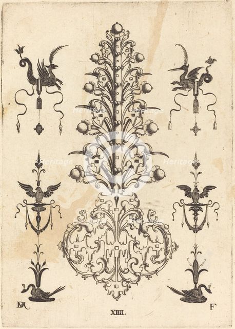 Hyacinth-Shaped Brooch with Winged Animals at Top and Crouching Swans at Bottom, 1596. Creator: Daniel Mignot.