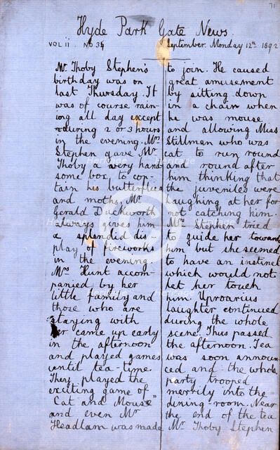 Hyde Park Gate News, family magazine of Virginia Woolf and Vanessa Bell, 1891-1892. Creator: Vanessa Bell.
