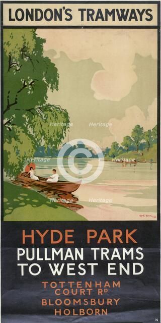 'Hyde Park, Pullman Trams to West End', London County Council (LCC) Tramways poster, 1930. Artist: Rene Blair