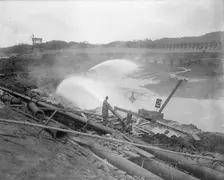 Hydraulic Excavation, Miraflores - Monitors in Oberation [sic], December 21, 1910. Creator: Harris & Ewing