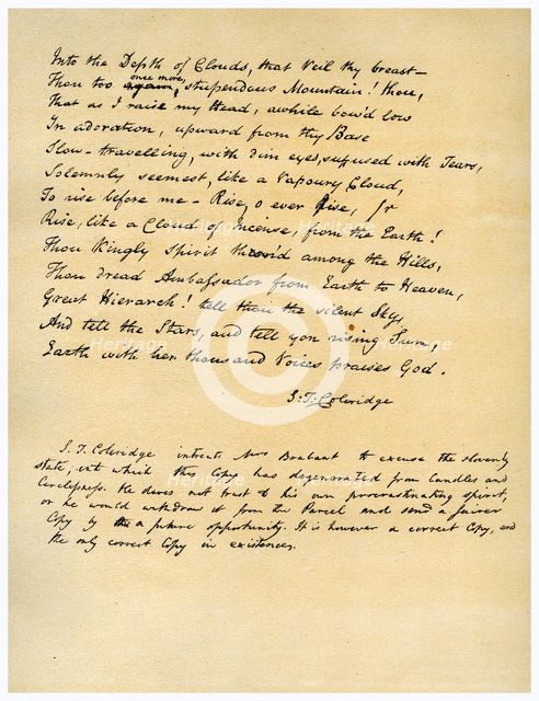 Hymn before Sunrise in the Vale of Chamouny , first printed in 1802.Artist: Samuel Taylor Coleridge