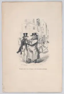 I tried to escape from this philological discussion. from the Little Miseries of Human Lif..., 1843. Creator: Jean Ignace Isidore Gerard