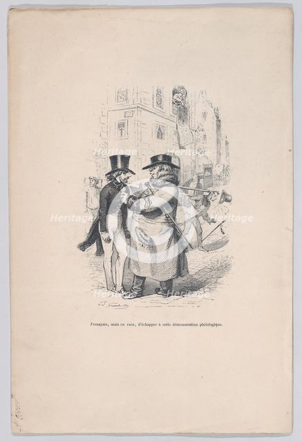 I tried to escape from this philological discussion. from the Little Miseries of Human Lif..., 1843. Creator: Jean Ignace Isidore Gerard.