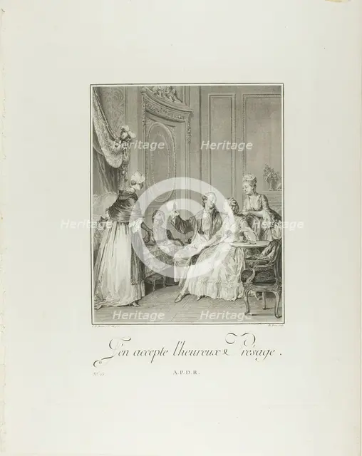 I Accept the Happy Omen, from Monument du Costume Physique et Moral de la fin du Dix-huiti..., 1776. Creator: Philippe Triere.